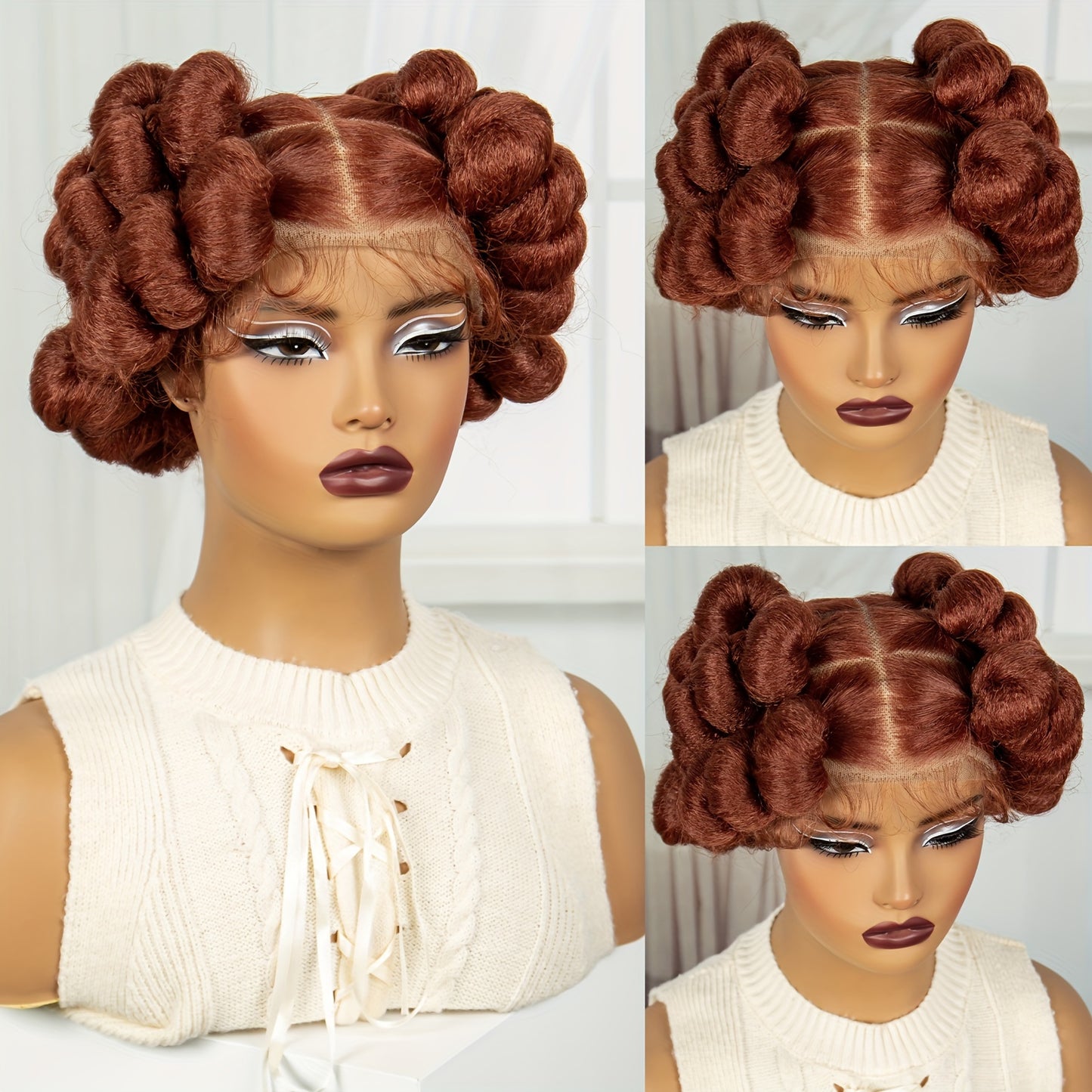 A woman showcasing a black full lace braided wig with curls. Full lace goddess braid wig for women, 200% density synthetic fiber. Short, intricate braids with natural coverage, elegant daily style. UK fast shipping.