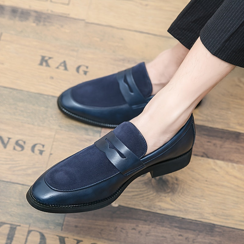Blue men's casual slip-on loafers with a pointed toe, showing the sleek PU upper and durable rubber sole.