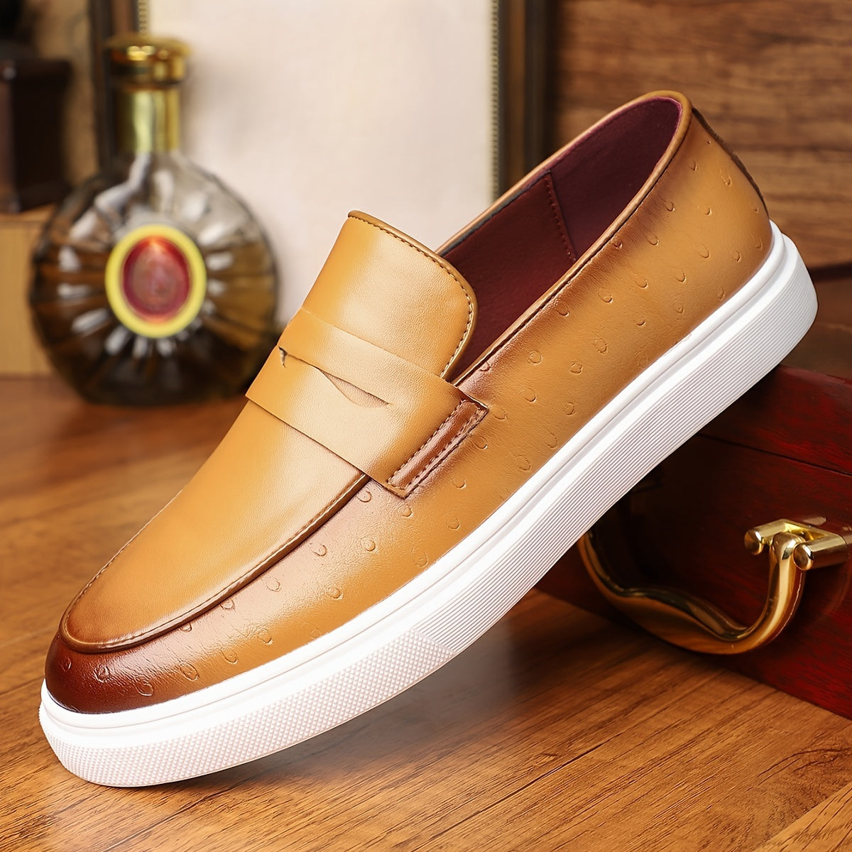 Single men's vintage slip-on loafers with a round toe and durable rubber sole, shown in a dark color (Yellow).