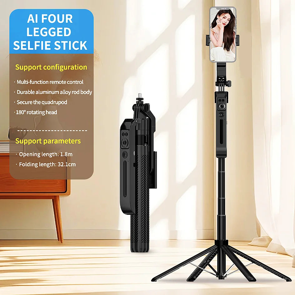 AI selfie stick stabilizer with fill light, tripod, wireless remote, facial recognition for iPhone, smartphone, FTF Fashion UK.