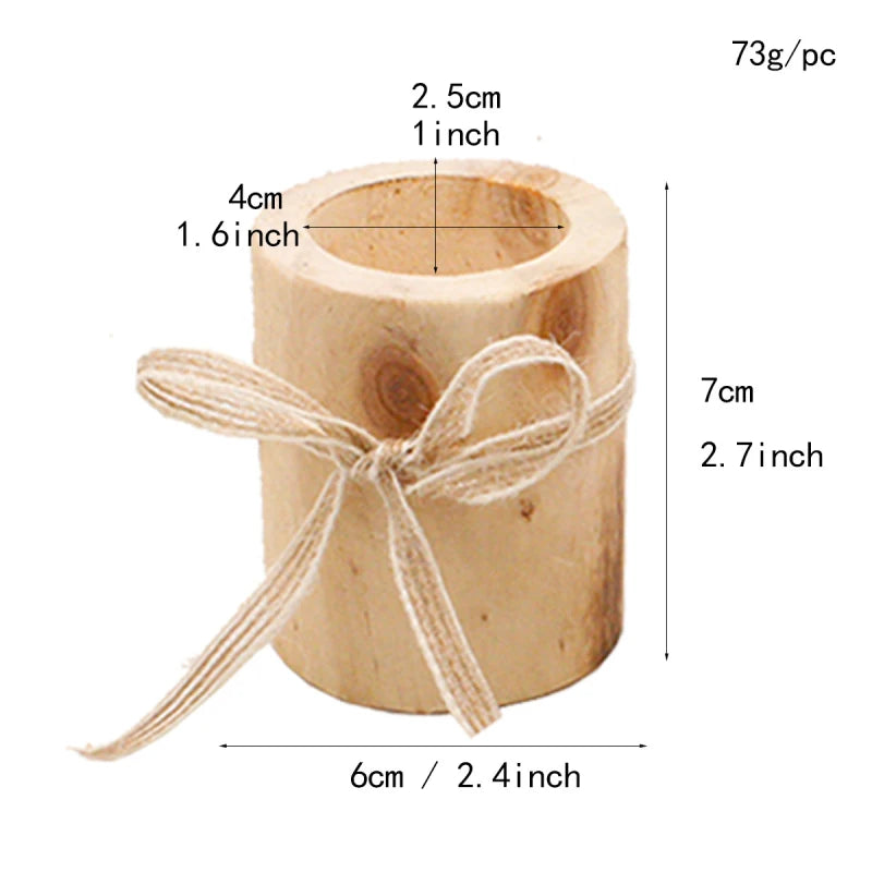 Wooden candle holder with a bow, showing measurements on a white background