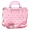 Pink handbag with star patterns on a white background. Easy-cleaning large EVA tote bag, colourful square-shaped, women's fashion handbag with shoulder strap for bulk and promotional use.