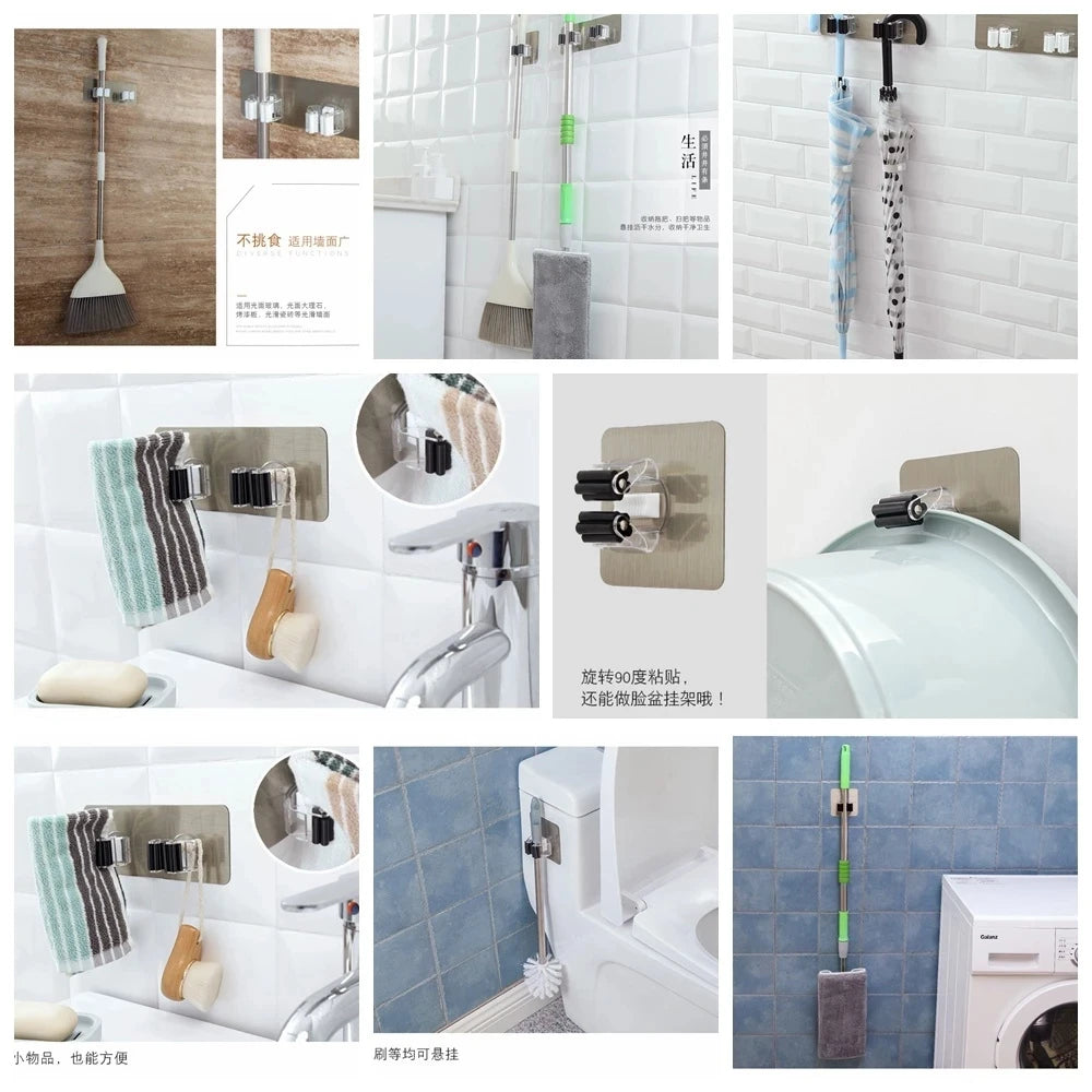 Adhesive multi-purpose wall hooks for mops, brooms, towels, kitchen, bathroom, strong hold, no drill, FTF Fashion UK.