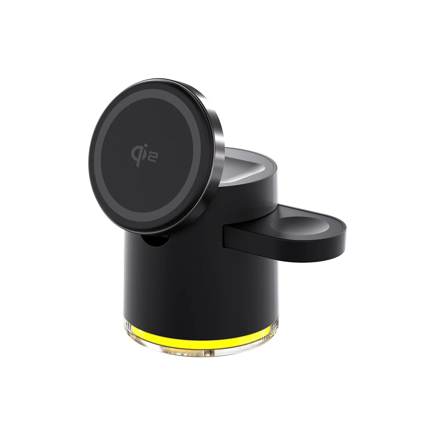 Black wireless charging pad with 'Qi' logo on a white background. 4-in-1 Qi wireless charger dock with night light for iPhone 16, 15, 14 Pro Max, AirPods Pro, Apple Watch. Fast, foldable, magnetic charging stand.