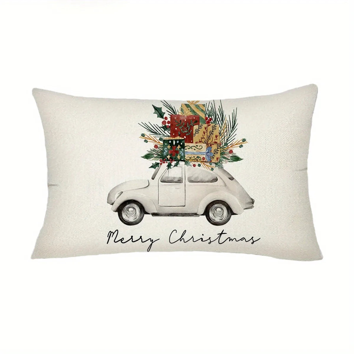 Decorative pillow with a Christmas design featuring a car and presents on a white background. Car Christmas pillowcase, festive cushion cover, Merry Christmas print. Soft peachskin, sofa/bed decor. Holiday home accent UK.