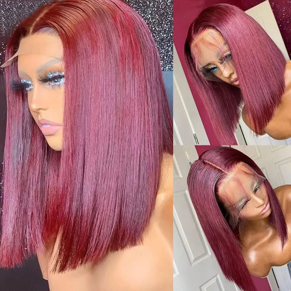 Three-panel view of a medium straight bob wig in a vibrant red/burgundy color on a mannequin.