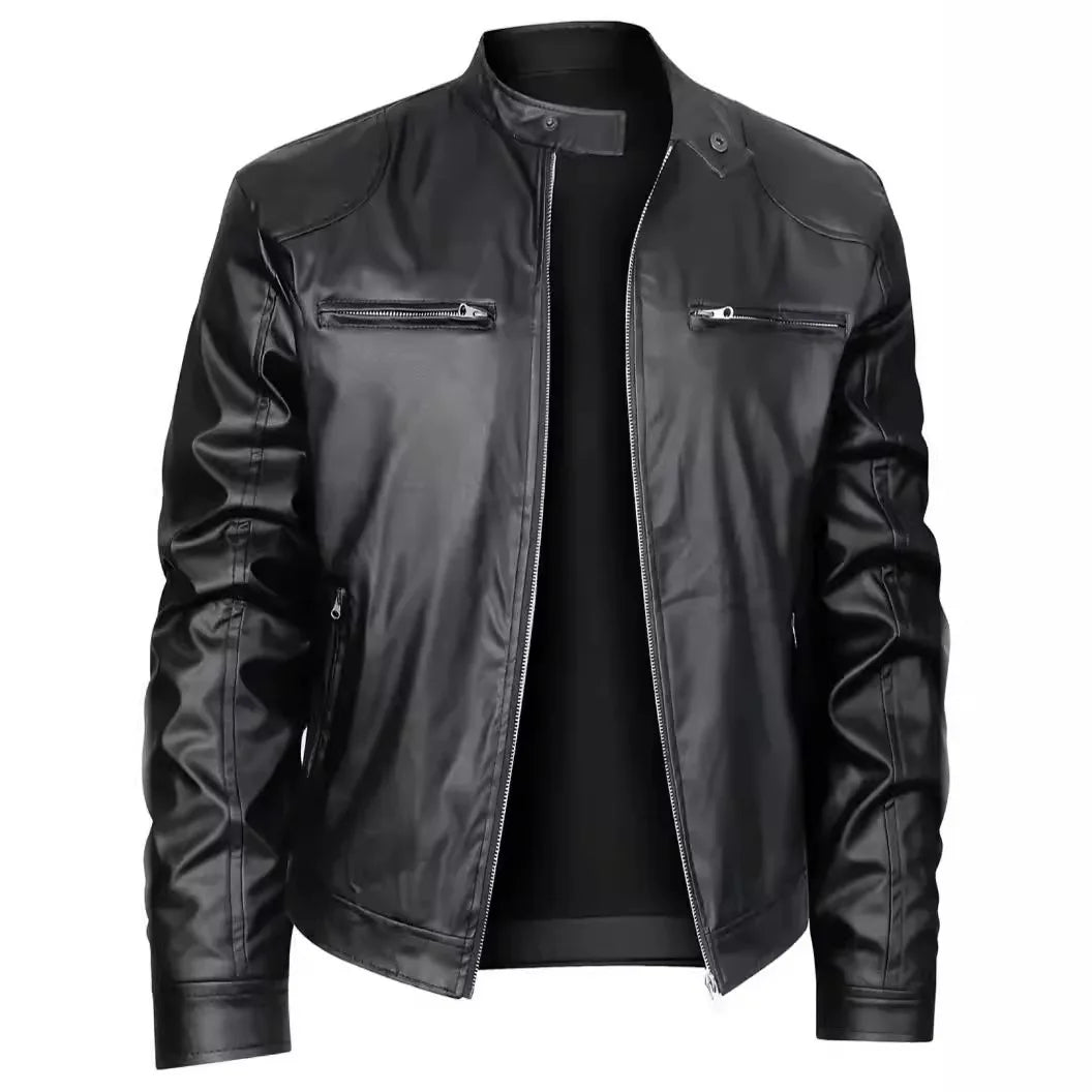 Black leather jacket on a white background. Men’s slim fit motorcycle jacket in PU leather, stand collar, zip closure, pockets, thin design, black, casual punk UK outerwear, S–5XL.
