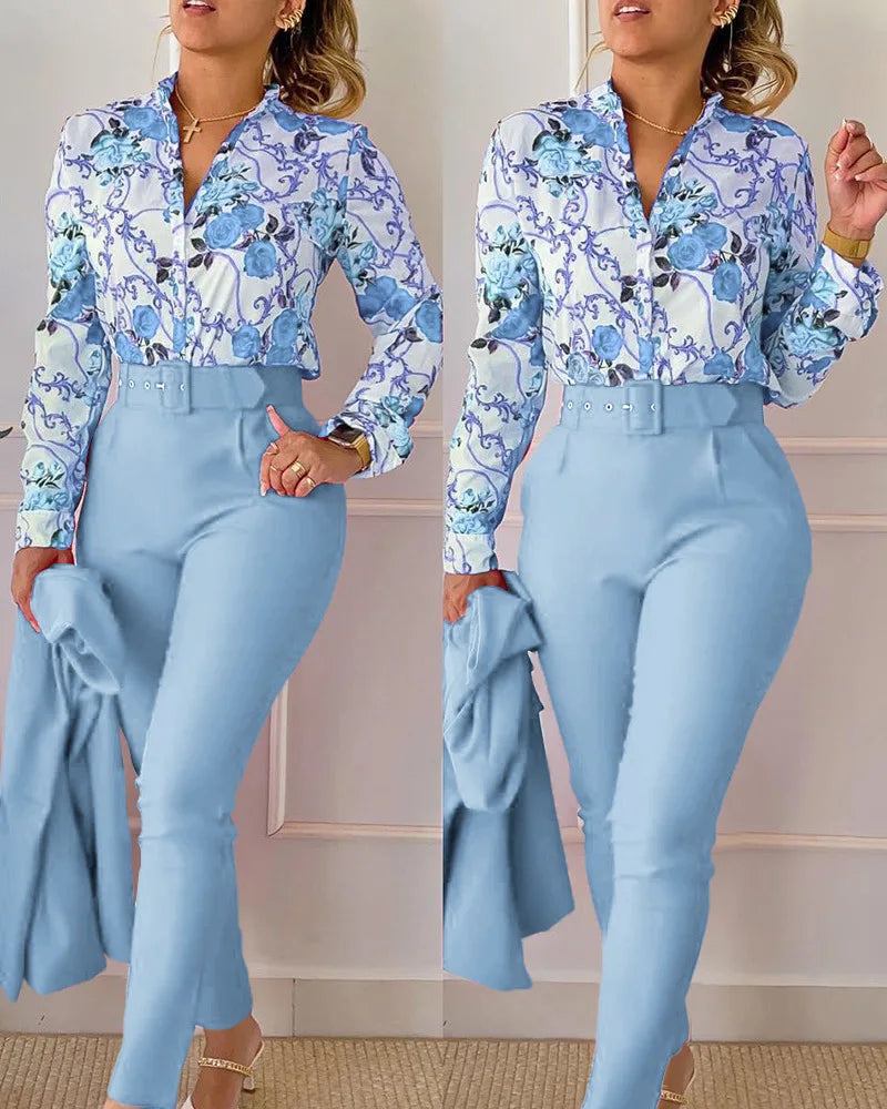 Elegant Print Two-Piece Set – Long sleeve shirts, high waist pants, stylish prints. Perfect for casual suits or office wear. Available on FTFmarket.net, fast delivery in the UK. Stay stylish with FTF Fashion and Mode FTF.