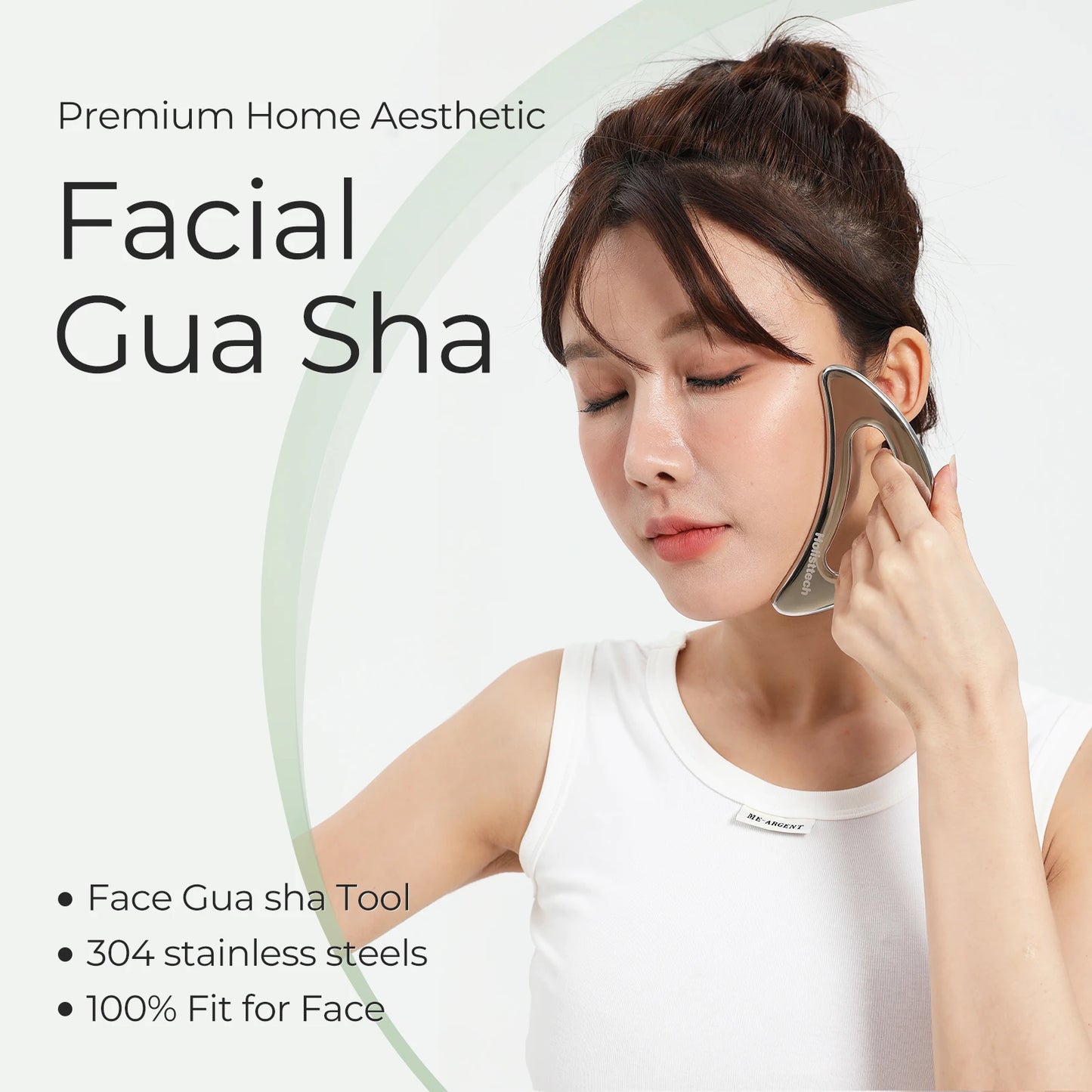 Woman Using Stainless Steel Gua Sha Facial Scraping Tool – Premium Home Aesthetic Face Massage