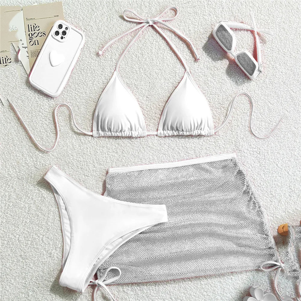 White 3-piece halter bikini set with mesh skirt – Women beach swimwear – FTF Market