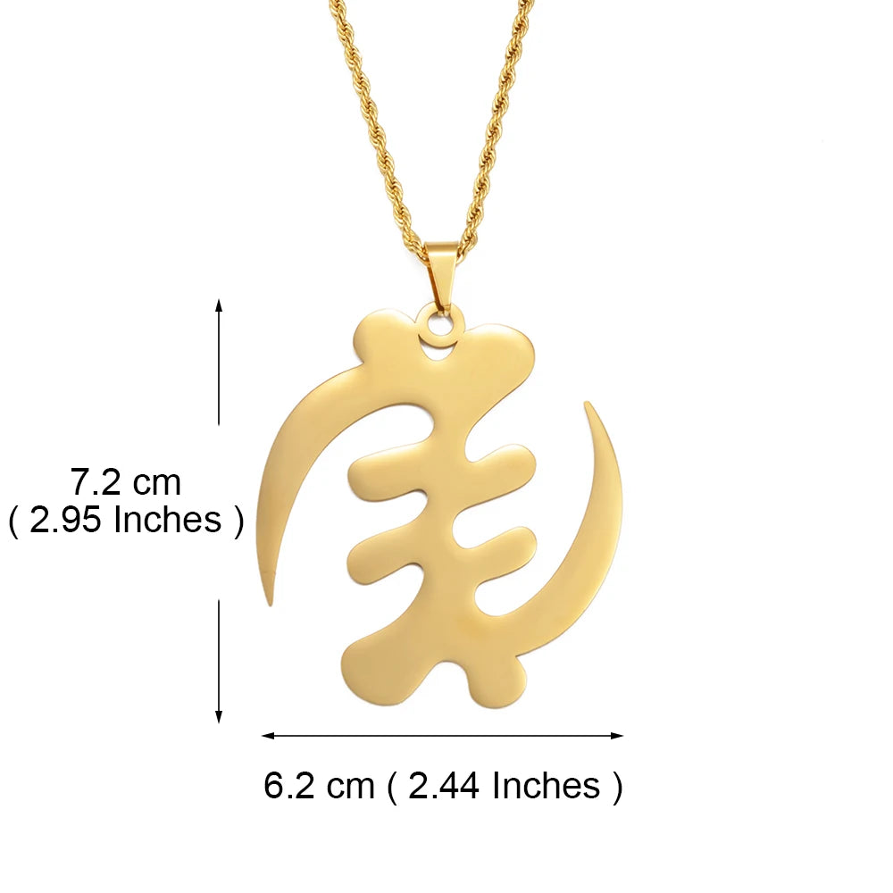 Gold pendant necklace with measurements on a white background