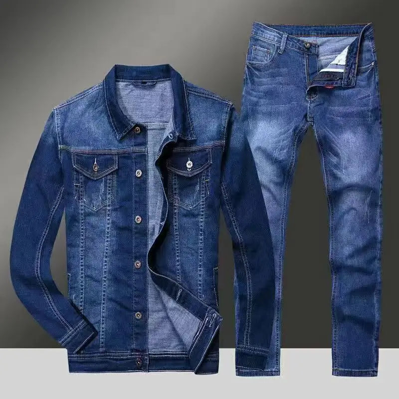 Blue denim jacket and jeans on a gray background