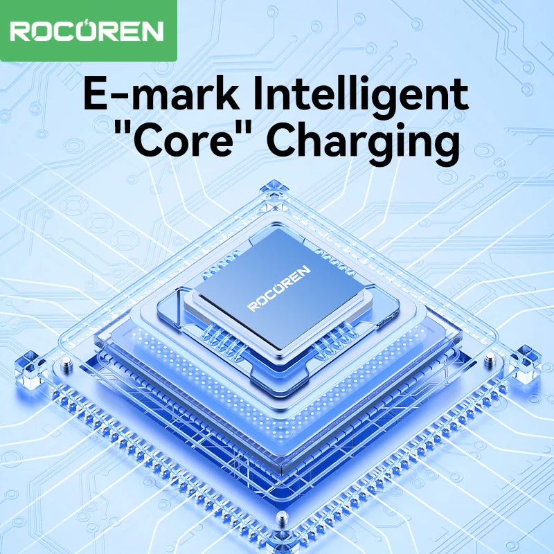 ROCUREN electronic component with 'E-mark Intelligent Core Charging' text on a blue circuit board background. 240W RGB USB-C fast charging cable with LED indicator. CE, FCC, RoHS certified. Durable Type-C connectors. Max 5A current. Fast UK shipping.
