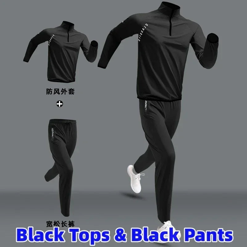 Complete Men's Quick Dry Sports Set featuring a black long-sleeve top and black pants, offering a classic, high-contrast training look.