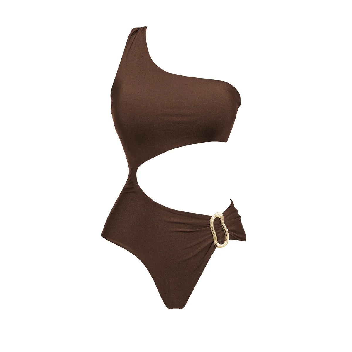 Brown one-shoulder swimsuit with a gold buckle on a white background. Women’s 2-piece deep V swimsuit with long skirt, adjustable straps, solid color, beachwear, comfortable polyester/spandex fabric, flattering fit.