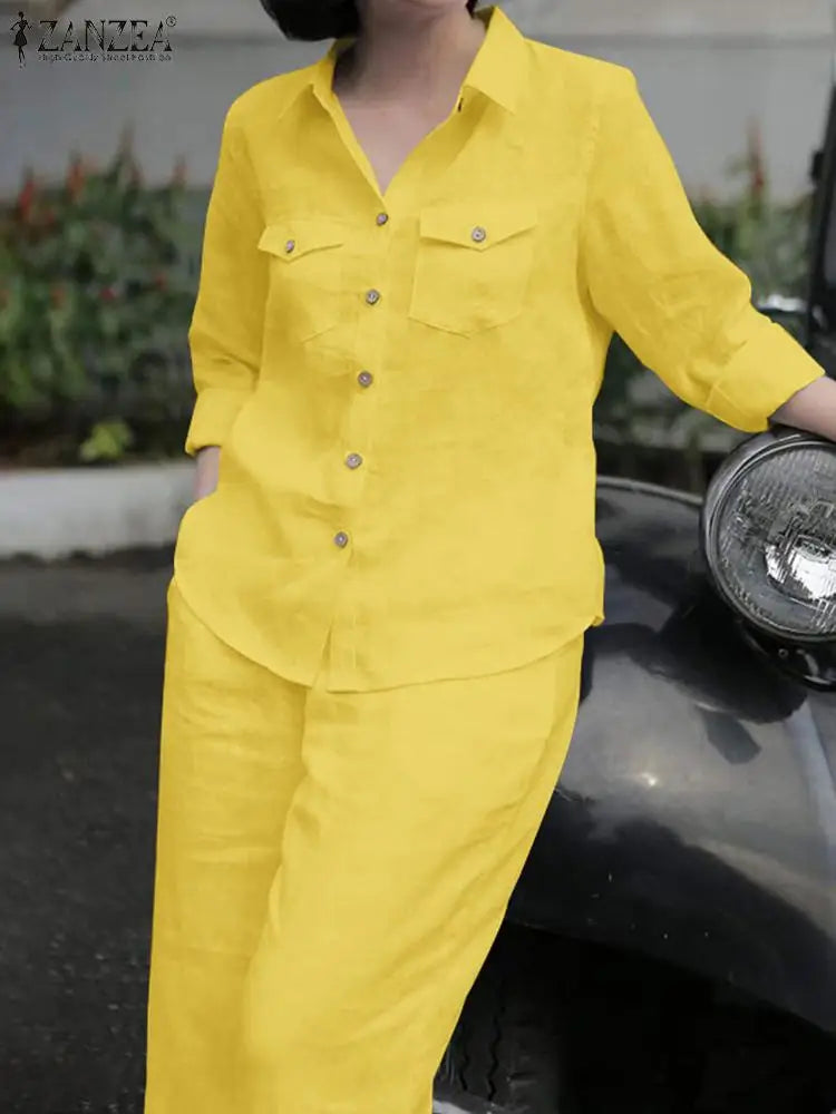 Model in yellow long-sleeve lapel shirt and trousers co-ord set, showing color options