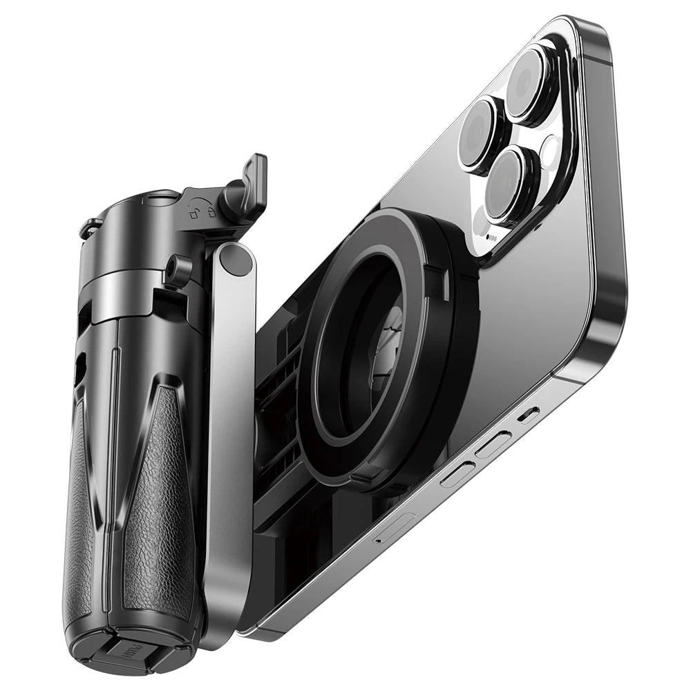 Phone case with unique design on a white background. Compact magnetic phone tripod with wireless remote grip for MagSafe iPhone and Android. Lightweight, extendable selfie stick tripod for perfect shots.