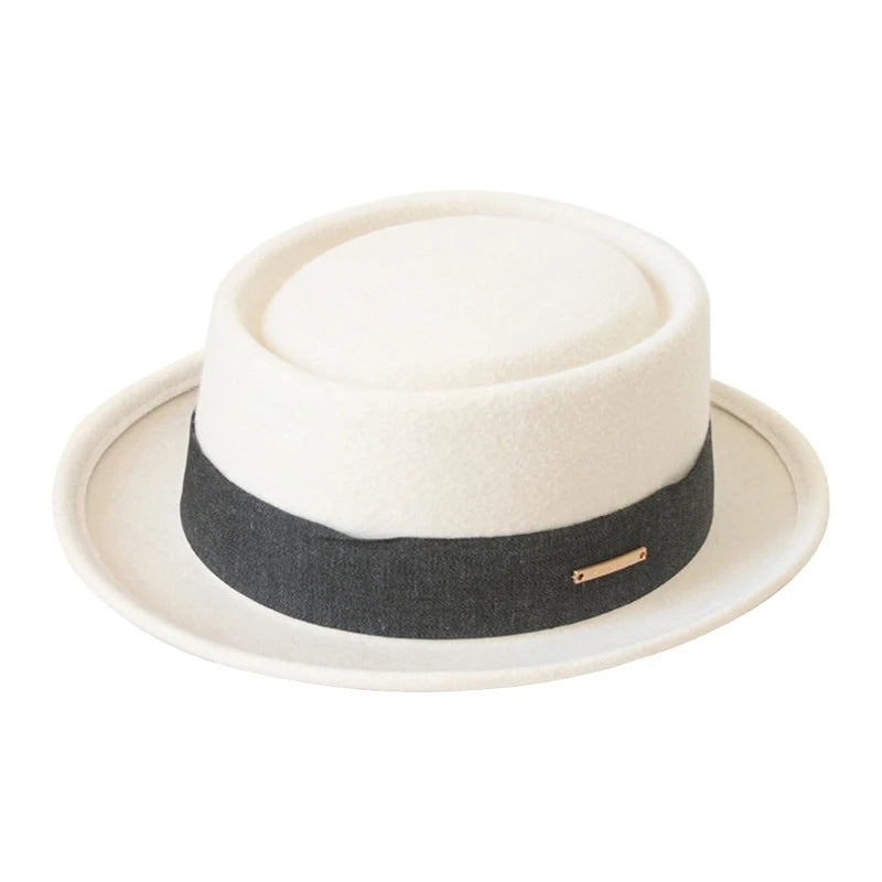 White fedora hat with a black band on a white background. Fedora hat polyester unisex carnival mask, gentleman style, costume accessory, roll trim hat for party and carnival events.
