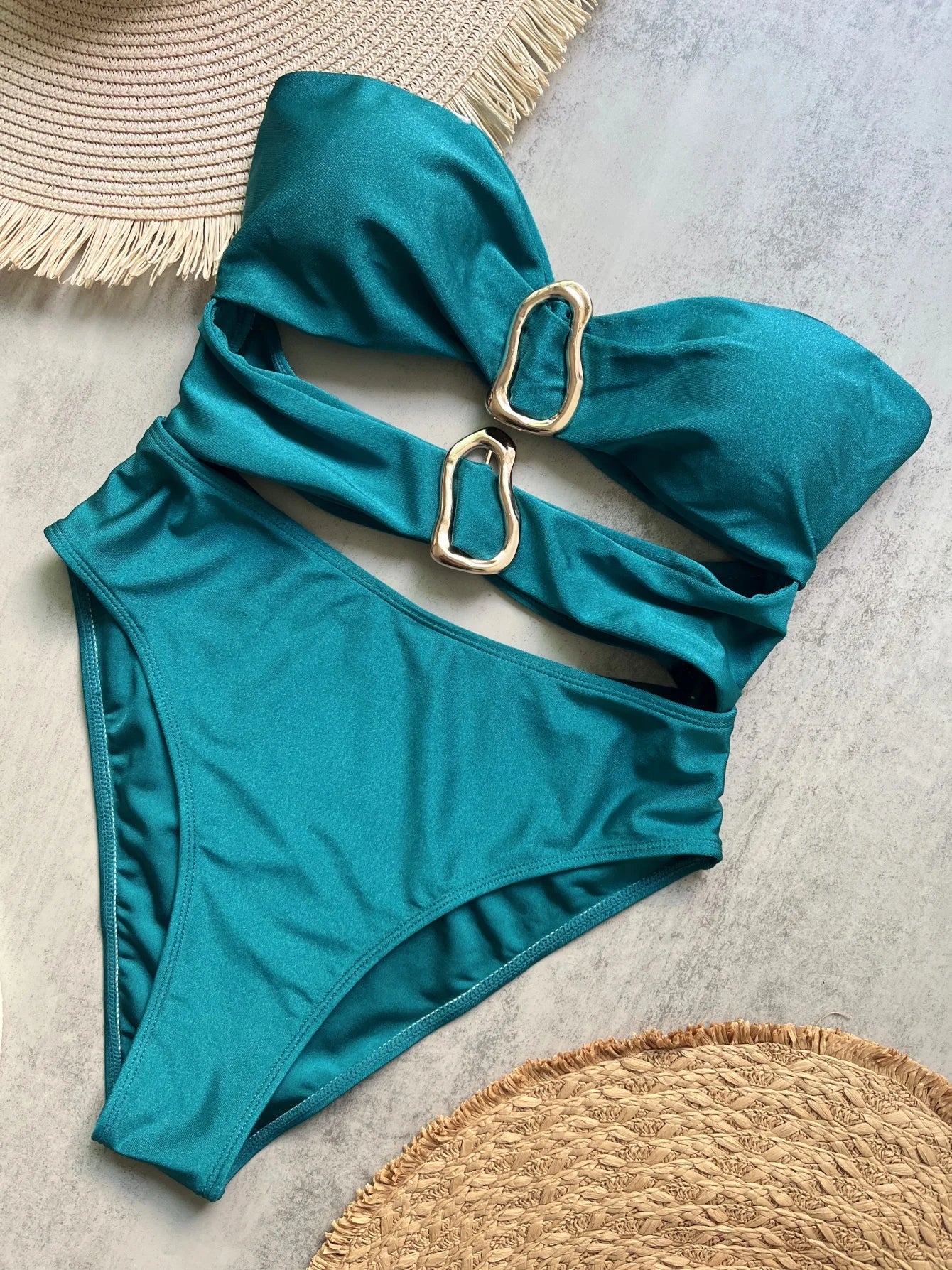 Teal bandeau one piece swimsuit with gold buckle rings – Sculpting swimwear women – FTF Market