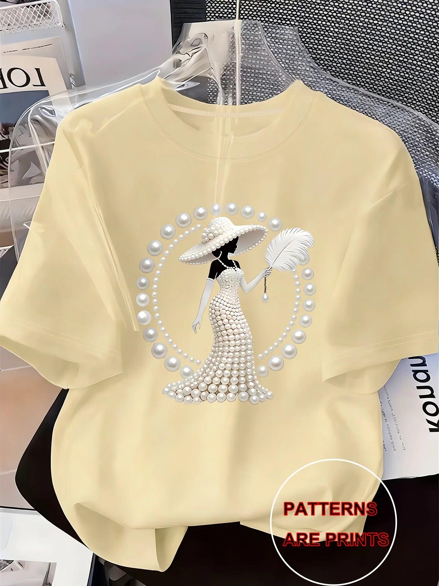 Pearl print women's t-shirt khaki round neck short sleeve casual top