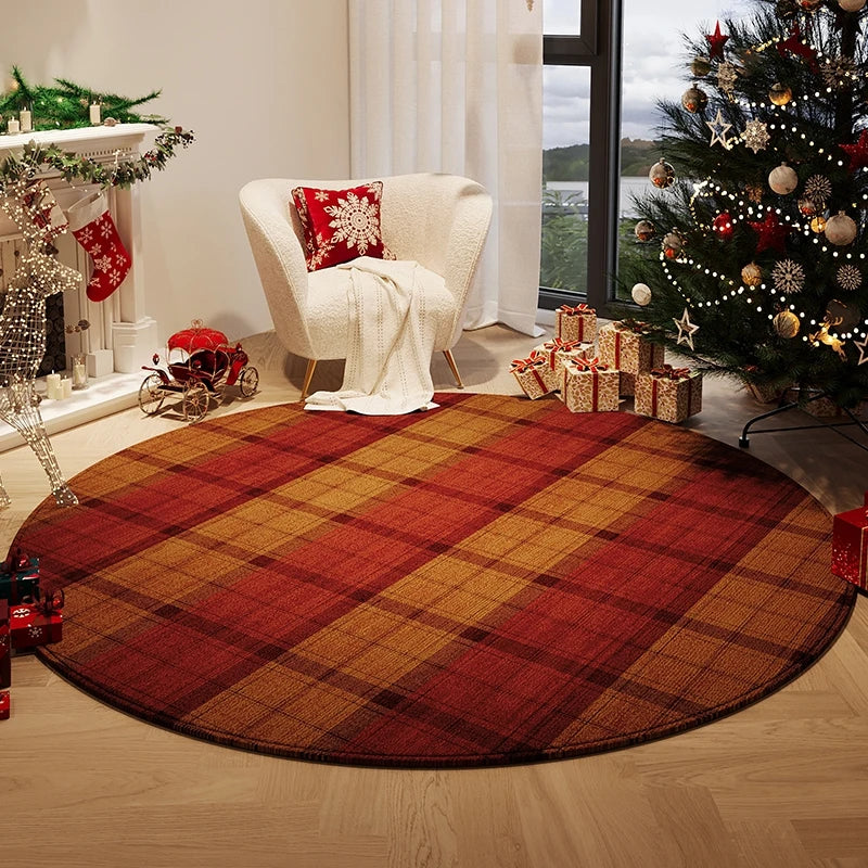 Living room with a plaid rug, Christmas tree, and decorations. Round plush red carpet, soft and thick. Machine-woven, washable, ideal for living room, bedroom, cloakroom. Modern style UK home décor.