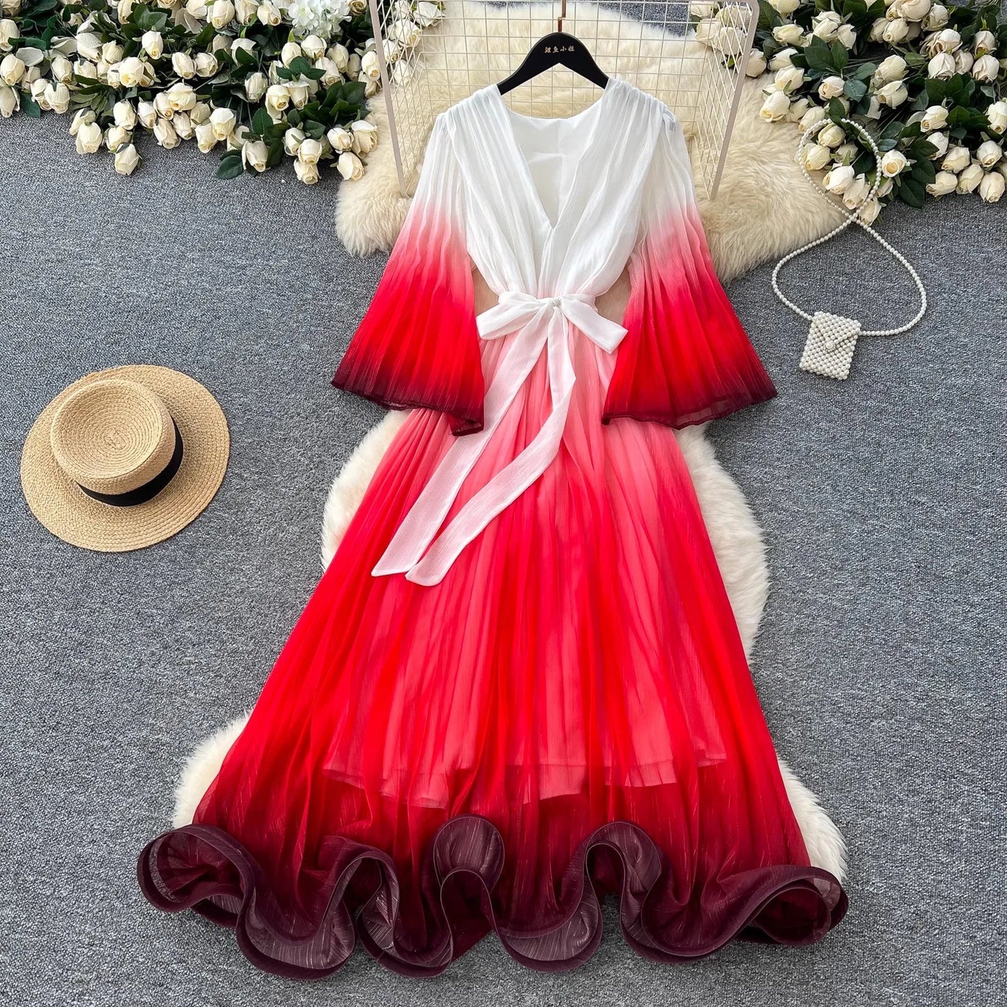 Summer floral V-neck maxi dress with ruffles, flare sleeves, lace-up waist. Bright, elegant, perfect for UK holidays and beach.