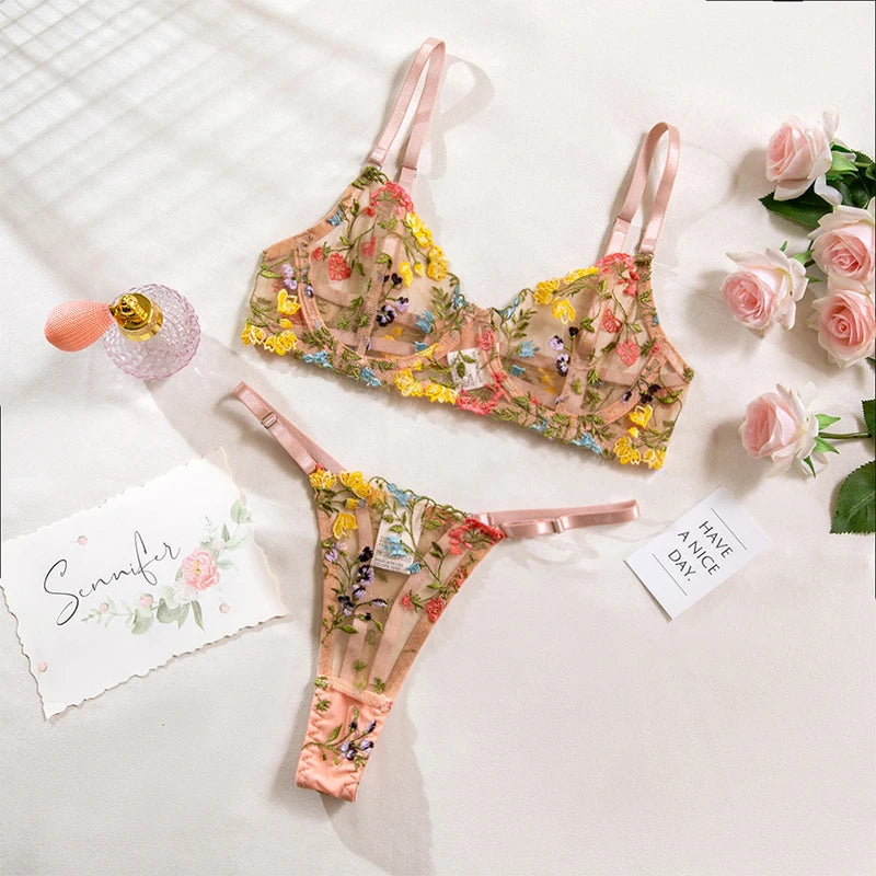 Floral Embroidery Lingerie Set – Push Up Bra & Brief