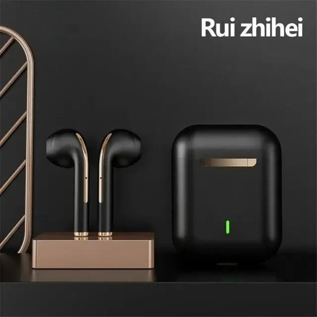 Black wireless earbuds with charging case on a dark background, featuring the brand 'Rui zhihei'. J18 wireless Bluetooth earphones, in-ear sport headset, waterproof, HiFi stereo sound, built-in microphone, UK FTF Market.