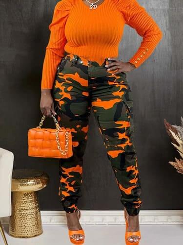 Orange Harajuku Y2K camo cargo pants women stretch FTF Market UK