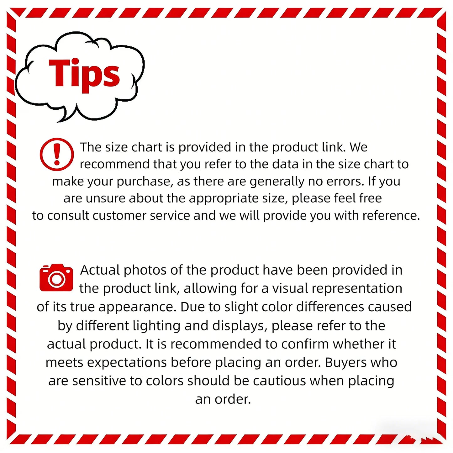Text with tips and warnings about a product size chart and photos, framed with red and white border.