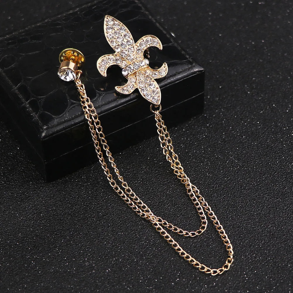 Elegant rhinestone lapel pins for men and women. Tassel, crown, floral pins for suits, collars, weddings, parties. Zinc alloy metal, classic style.