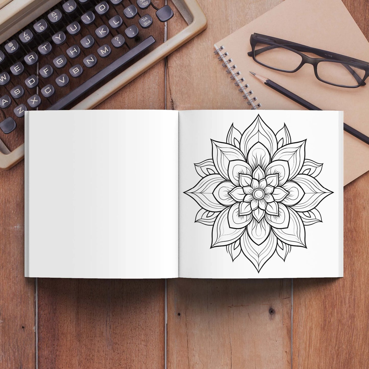Open notebook with a mandala drawing on a wooden desk with a typewriter, glasses, and pencils. Mandala coloring book for adults, stress relief, relaxation, creative color practice, perfect birthday party gift, UK FTF Market.