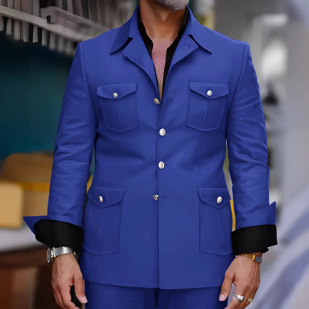 Urban Explorer Safari Suit, slim fit 2-piece men’s suit, safari collar, available in 4 colours, FTF Fashion UK.