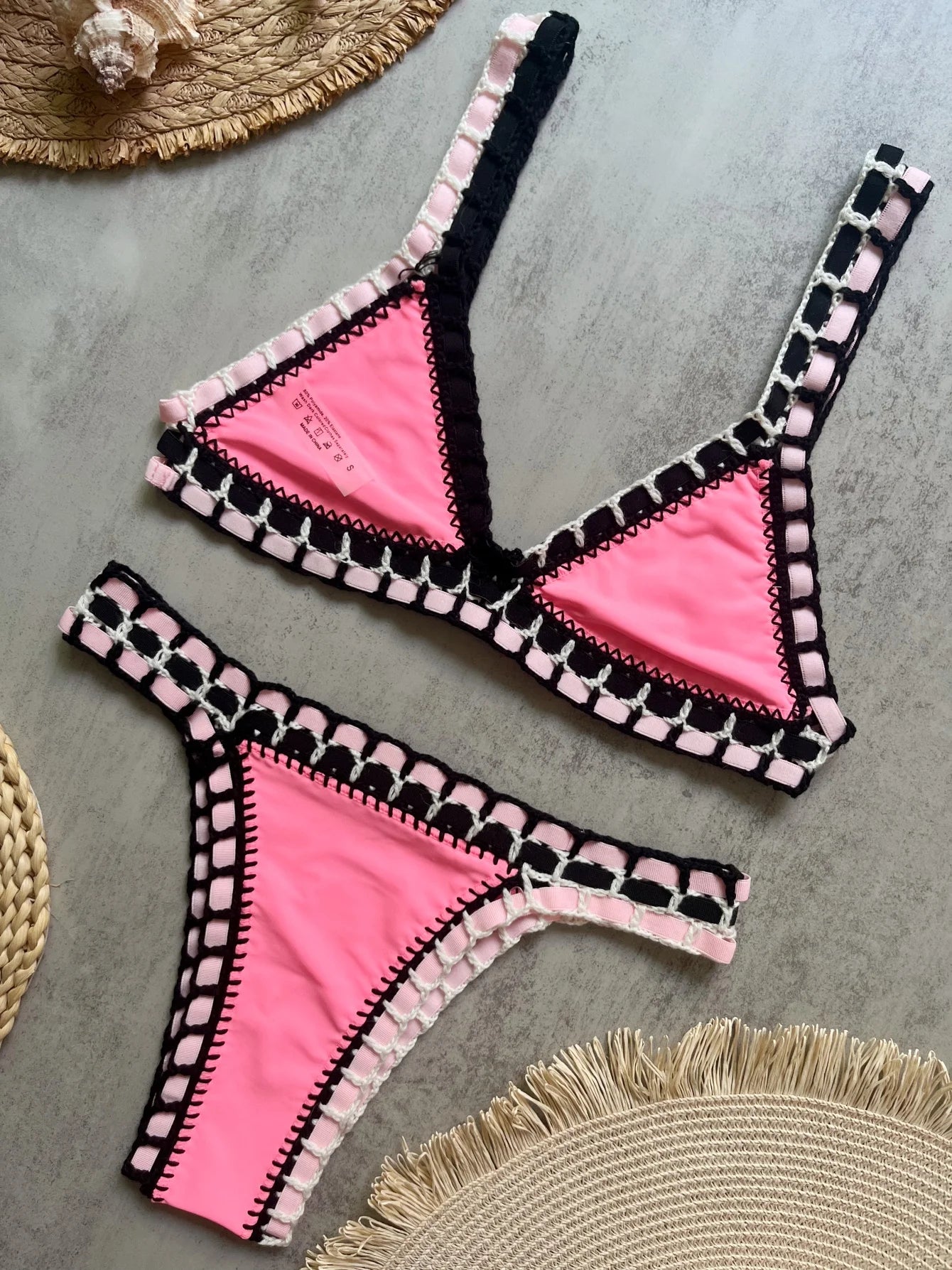 Pink salmon crochet bikini set — Deep V bandeau women swimwear UK