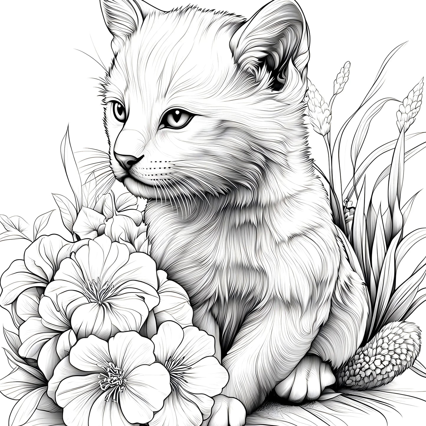 Black and white illustration of a cat among flowers and plants. Animal Paradise adult coloring book featuring therapeutic art, cute cats, floral designs for relaxation, FTF Market UK.