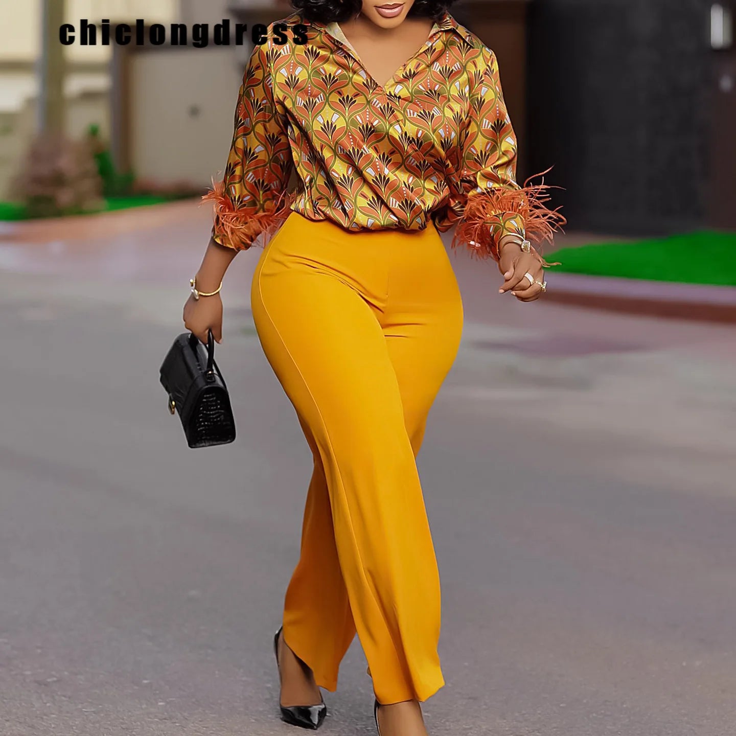 Yellow Vibrant African print satin wide leg set women FTF Market UK