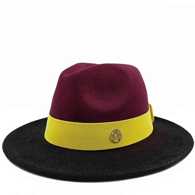 Two-tone fedora hat with a yellow band and logo on a white background. Unisex double fedora hat, dual color gradient tie-dye, casual jazz style, cotton-polyester mix, suitable for outdoor autumn and spring.