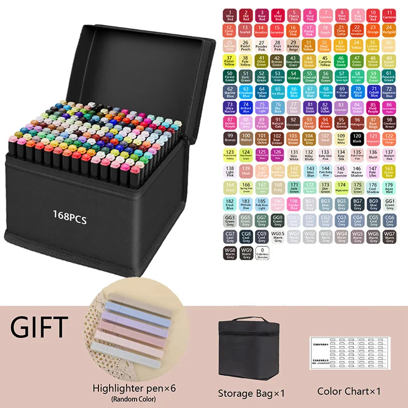 Set of 168 colored markers with a color chart, storage bag, and highlighter pens included. Pro Dual-Tip Alcohol Markers Set featuring fine and chisel tips, vibrant streak-free ink, ergonomic design for artists’ coloring and sketching projects UK.