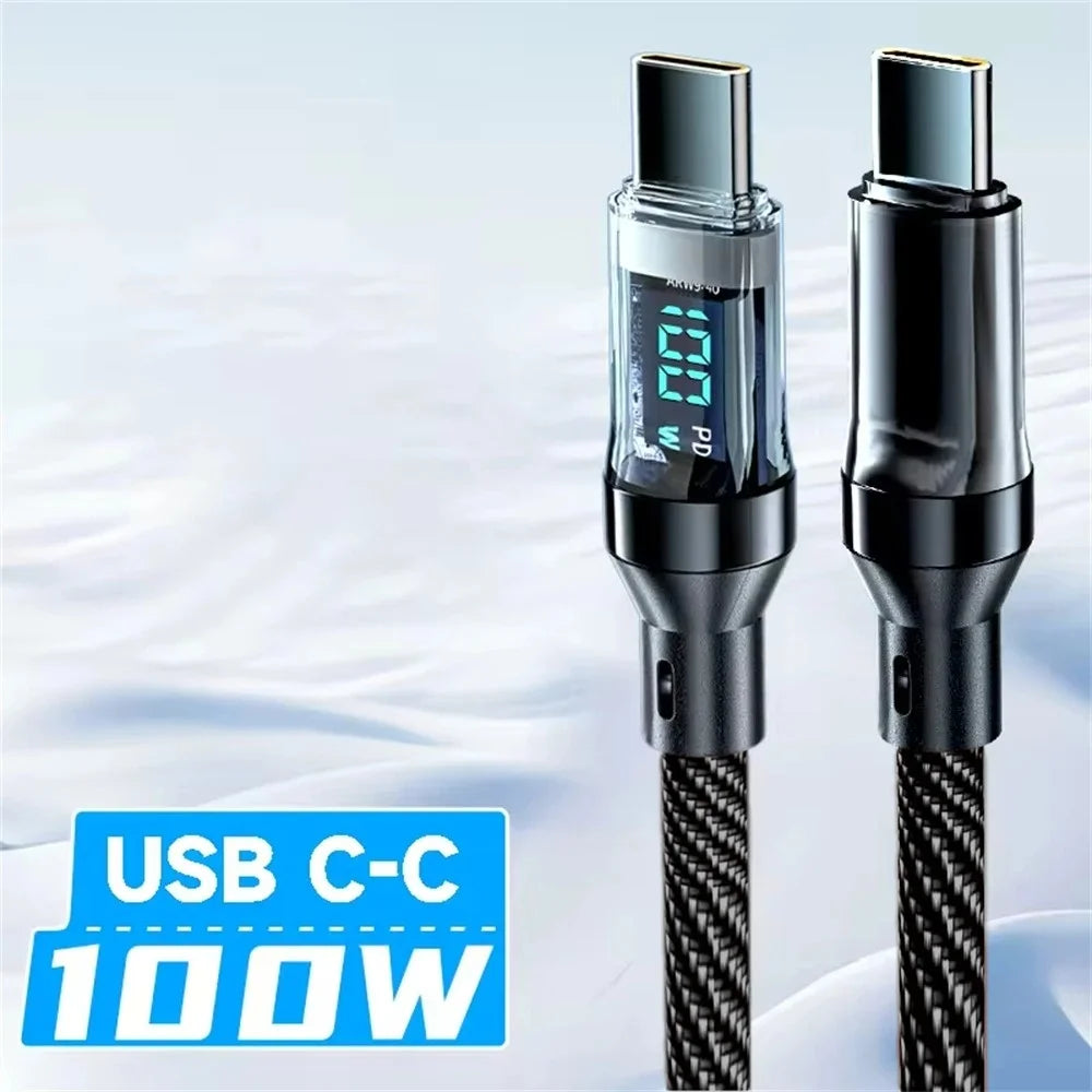 USB C-C cable with digital display on a white background. 120W fast charge USB-A to Type-C cable, nylon braided with LED display. For Xiaomi, Samsung, Huawei. Fast charging and data sync.