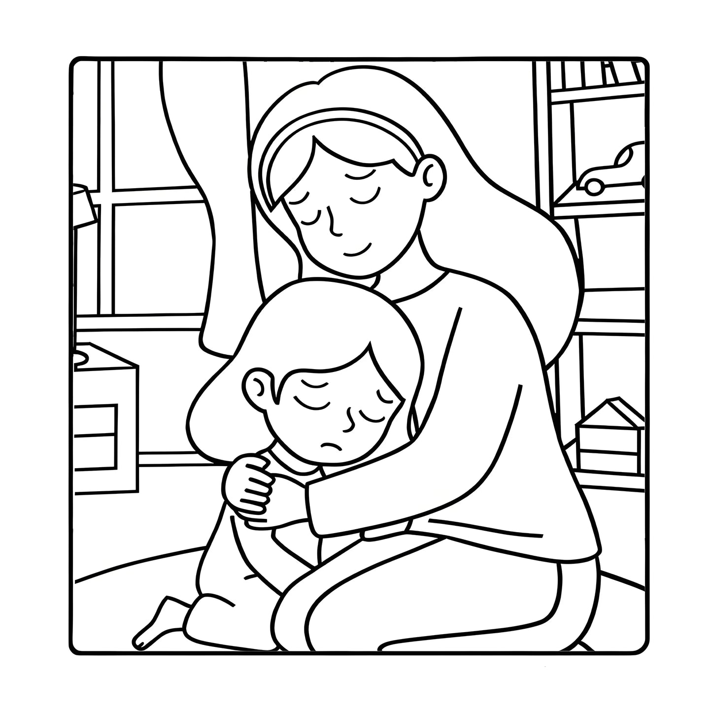 Line drawing of a mother comforting a child in a room with shelves. Adult coloring book titled MOM MOMENTS featuring cozy daily scenes for relaxation, cute mindful activities, FTF Fashion UK.