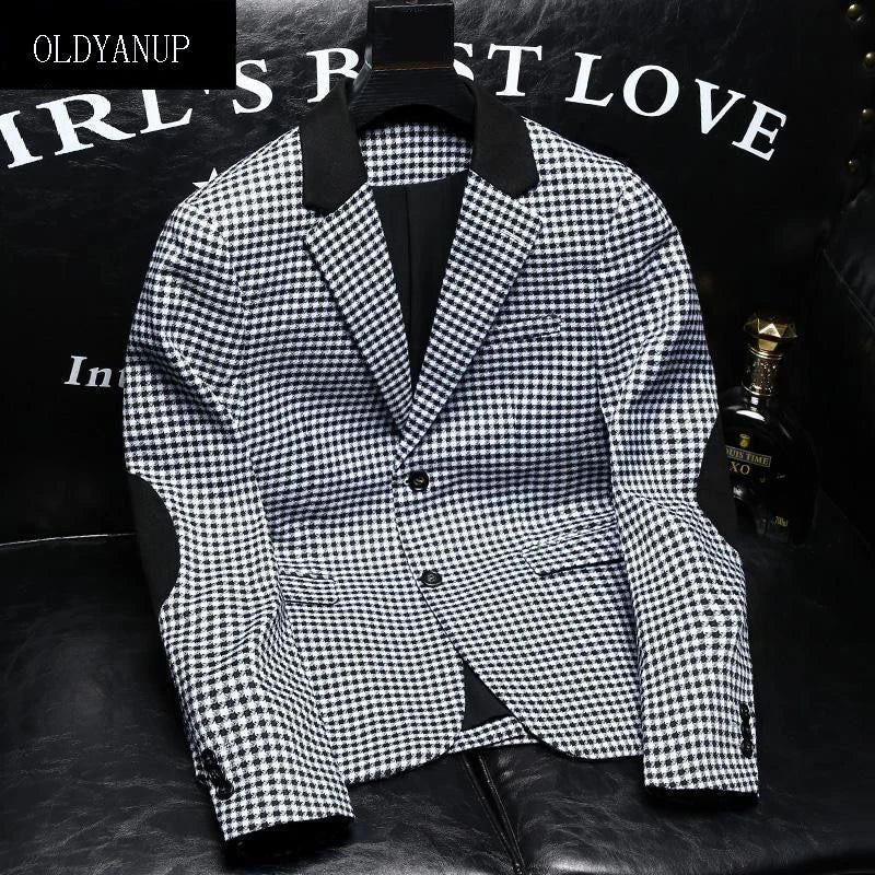 Advanced Plaid Suit Jacket Men Blazer UK, high quality slim fit business casual coat, luxury patchwork small suit top.
