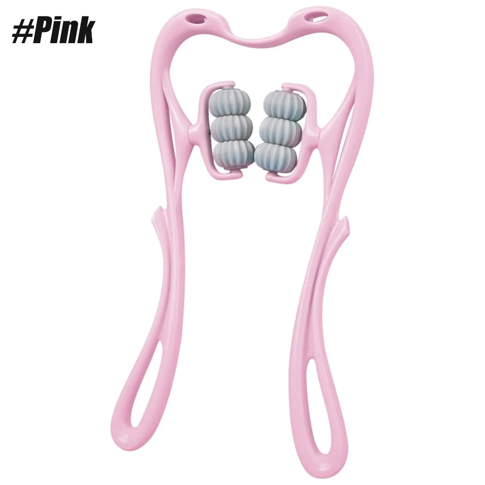 Pink handheld neck massager with 6 balls roller, trigger point therapy, relieves muscle soreness, UK delivery, FTF Market.