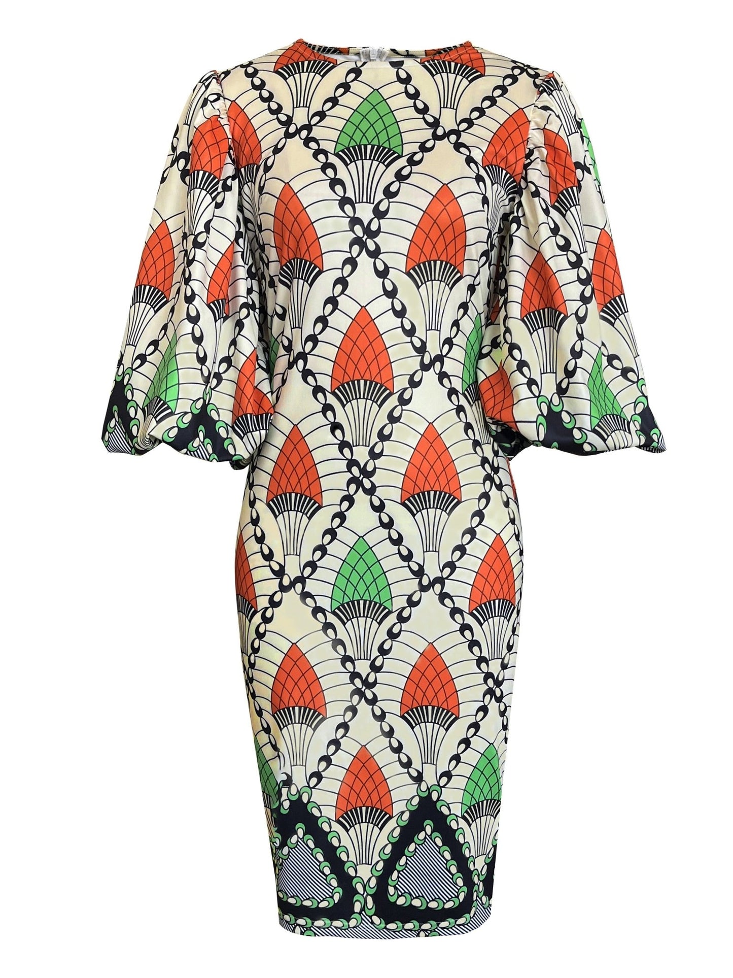 Elegant women's bodycon dress with a crew neck and a trendy allover geometric print, ideal for parties and evenings out.