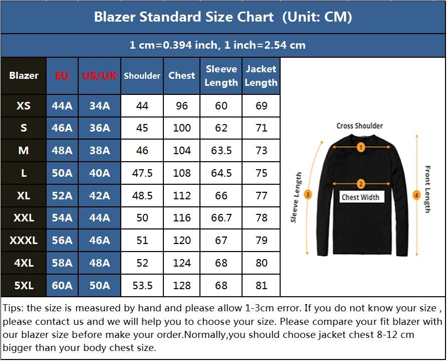 Blazer size chart with measurements in centimeters and inches. High-quality slim fit denim blazer for men, notched collar, single-breasted, full length. Smart party, office, and casual fashion, XS–5XL, UK.