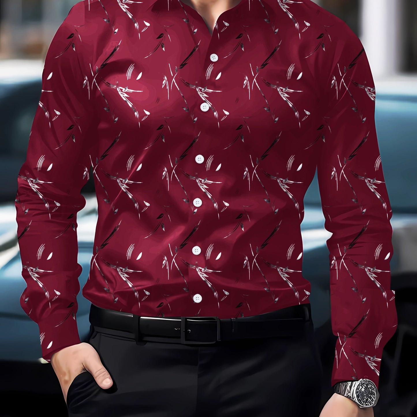 Feather print shirt with classic lapel, non-stretch woven fabric. Bold runway-inspired design for spring/fall. Hand wash or professional dry clean.