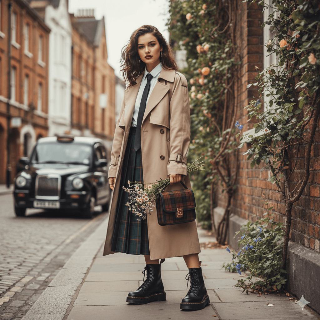 British fashion trends 2025: Elegant woman in London blending modern trench coat, tartan skirt, neo-punk boots, dark academia shirt, and cottagecore bouquet. Black taxi in background.