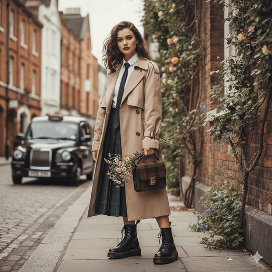 British fashion trends 2025: Elegant woman in London blending modern trench coat, tartan skirt, neo-punk boots, dark academia shirt, and cottagecore bouquet. Black taxi in background.