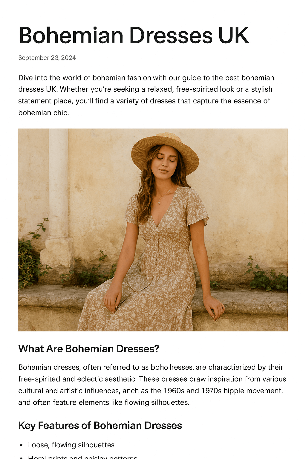 Woman wearing a white bohemian maxi dress in a UK garden with soft sunlight Utilisation : en haut de l’article, pour introduire le style boho dans un cadre naturel
