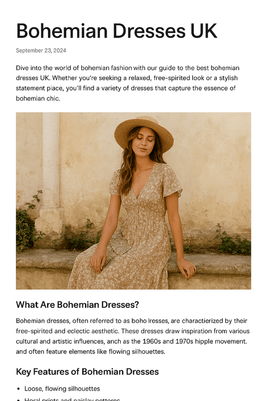 Woman wearing a white bohemian maxi dress in a UK garden with soft sunlight Utilisation : en haut de l’article, pour introduire le style boho dans un cadre naturel
