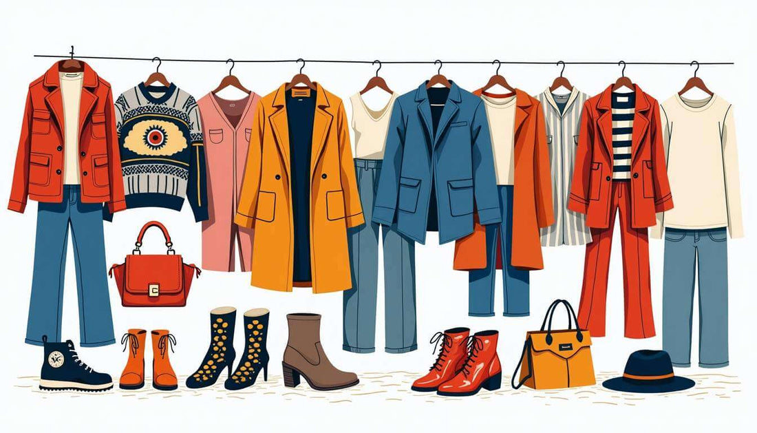 A curated selection of trendy UK fashion outfits and accessories displayed on hangers and shelves, including coats, sweaters, blazers, jeans, boots, handbags, and hats in various colors and styles, highlighting contemporary fashion choices for women.